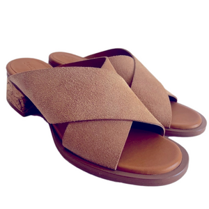 SeeByChole Liana Nude Brown Suede Women's 6 Mules Sandals Block Heel Crisscross